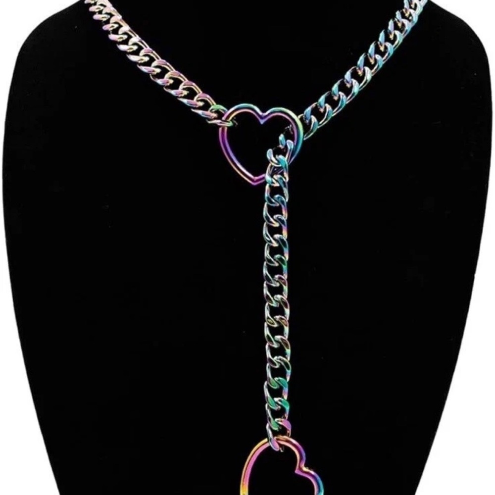 Iridescent Slip Chain Lariat Necklace 24″ – Cuban Link Heart O-Ring
